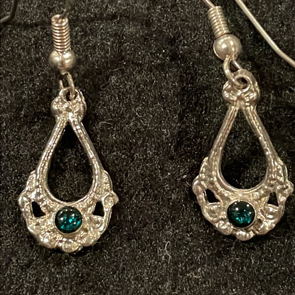 Silver Tone Dangle Earrings with Blue Green Stone - Picture 1 of 4